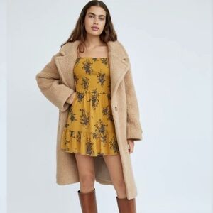 NWT Aritzia Wilfred Tempest Smocked Mini Dress Gold Blue Size S